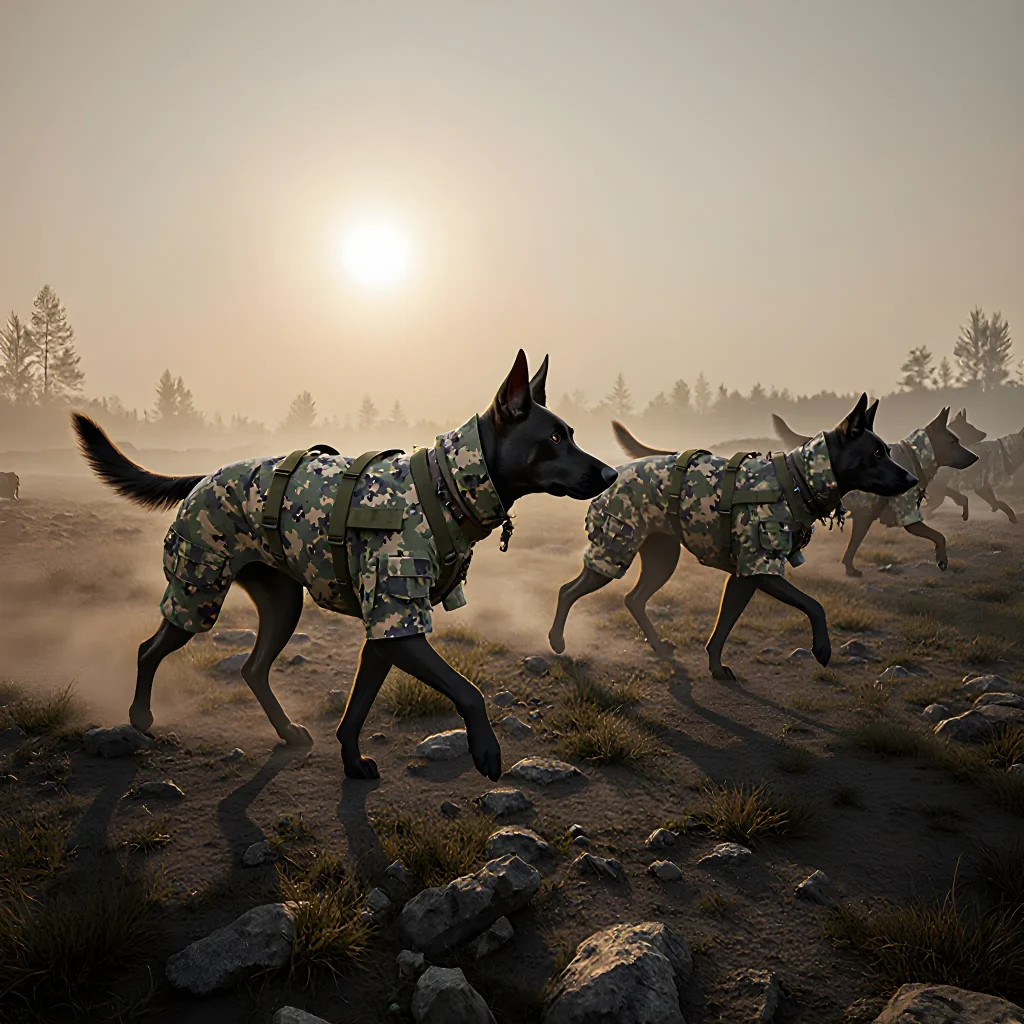 Illustration of a courageous dog wearing tactical gear standing guard on a rugged frontier landscape, symbolizing loyalty and service.