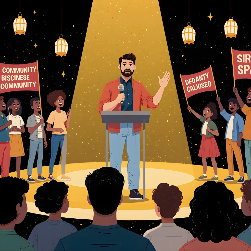 A vibrant crowd at a legendary community event, with performers on stage and attendees cheering