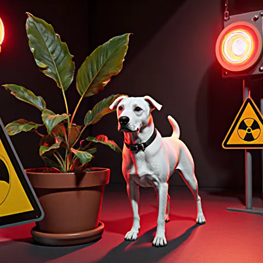 A worried dog owner inspecting a toxic plant in their living room, highlighting the urgency of removing hazardous greenery for pet safety