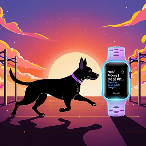 A happy dog running on a treadmill while its owner watches a smartwatch displaying activity data