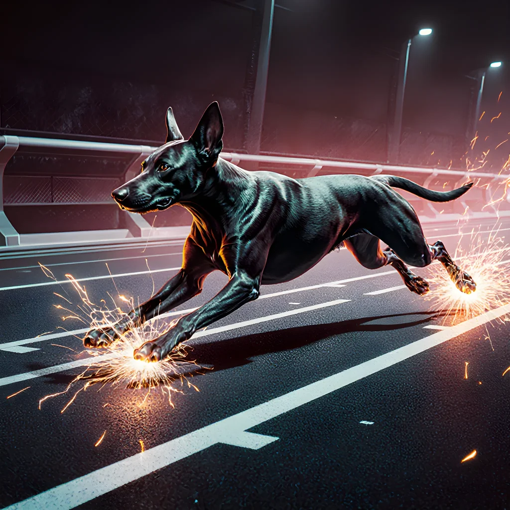 A custom dog running track with adjustable hurdles, showcasing a fit dog sprinting on a vibrant backyard course