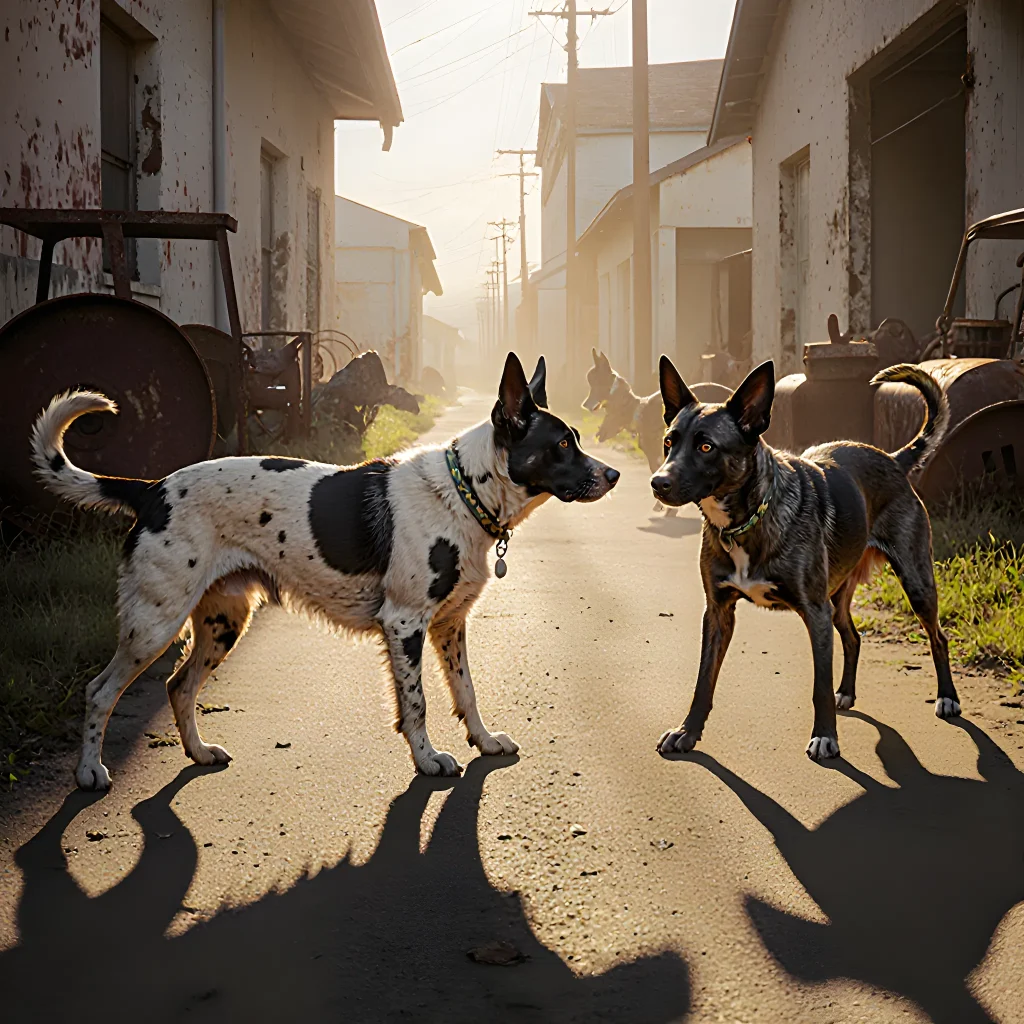 A dramatic scene of stray dogs from a suburban neighborhood navigating a rustic farm road, highlighting the 2025 urban-rural battle.