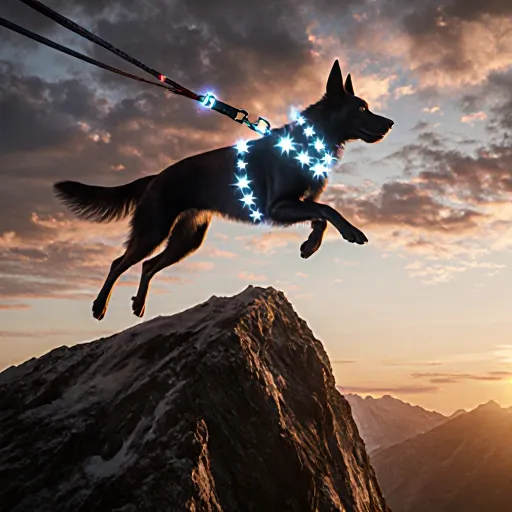 A confident, athletic dog sprinting up a mountain trail with a trainer guiding from below