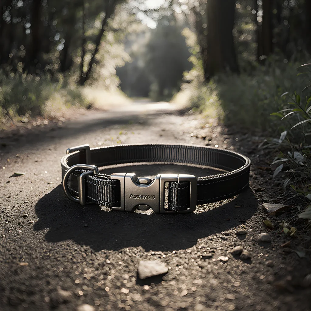 A happy dog wearing a high‑quality, adjustable collar with reflective striping for nighttime visibility