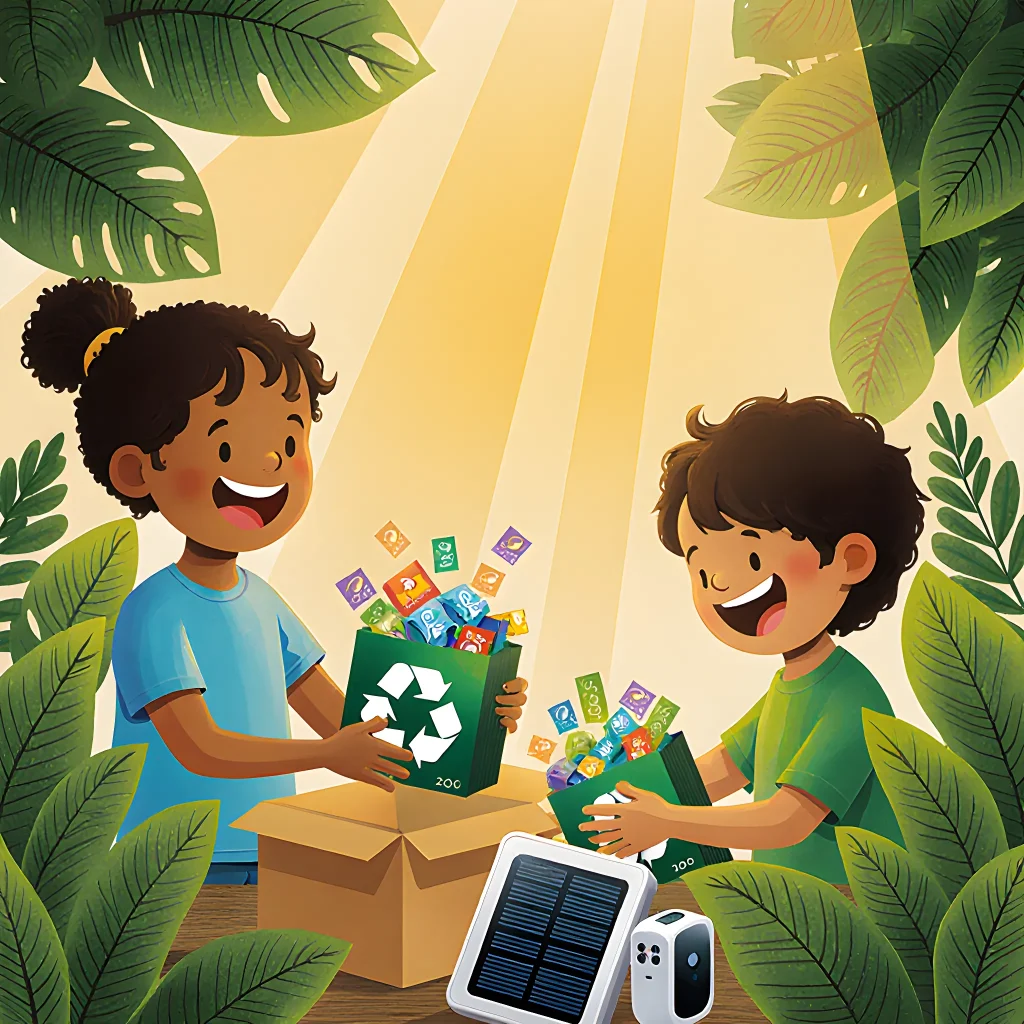 A child opening a colorful eco-friendly surprise pack on a wooden table, surrounded by recycled packaging and natural elements