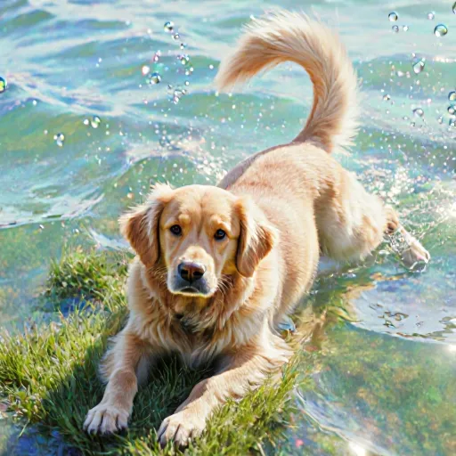 A playful dog in a shallow pool, gently splashing water while its muscles appear relaxed and flexible
