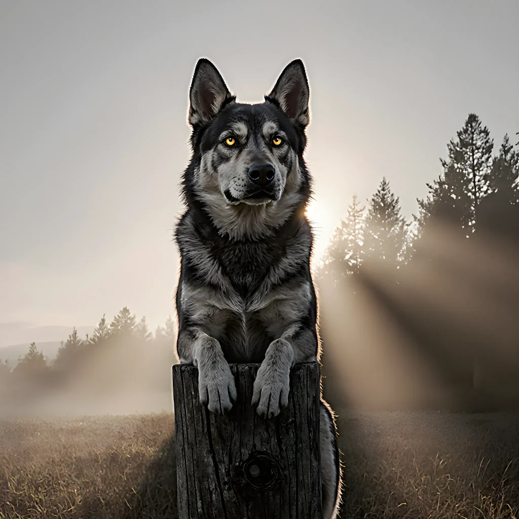 A determined dog standing guard beside a military base at sunset, symbolizing unwavering loyalty