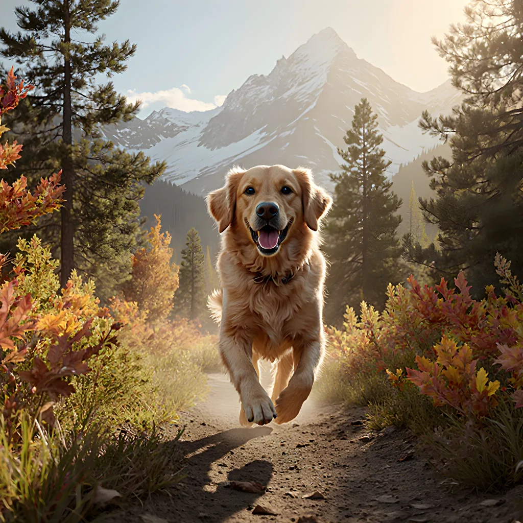 A joyful dog running along a scenic trail in a national park, surrounded by towering trees and clear blue skies.