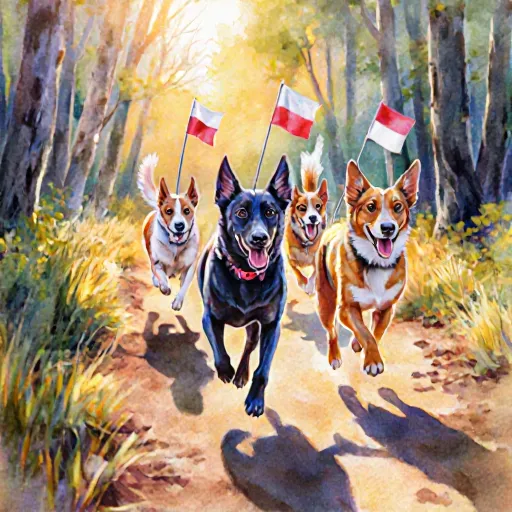 A happy dog running on a scenic forest trail with protective harness, showcasing safe outdoor adventures.