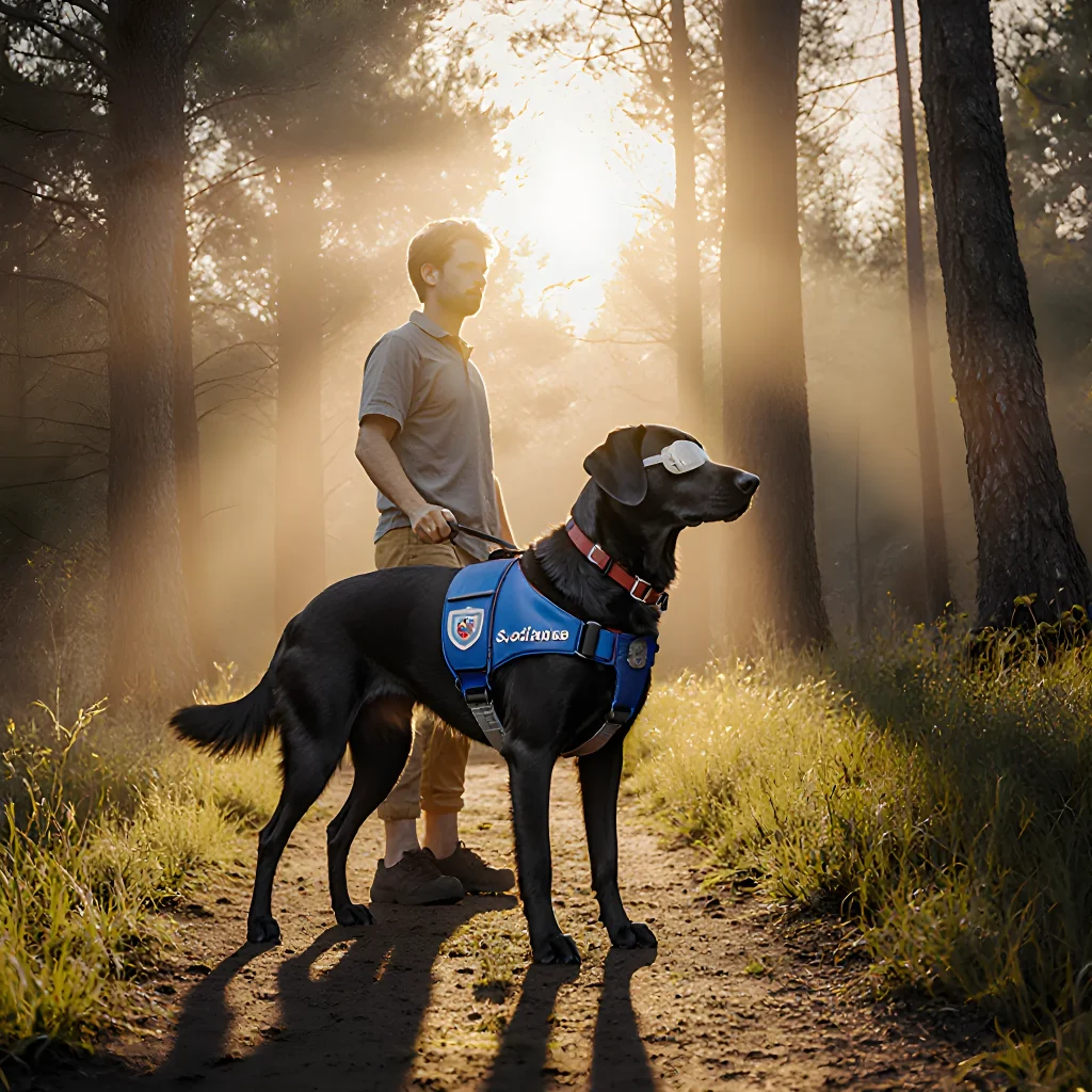 A confident blind assistance dog standing beside its handler in a sunny park, symbolizing partnership and freedom