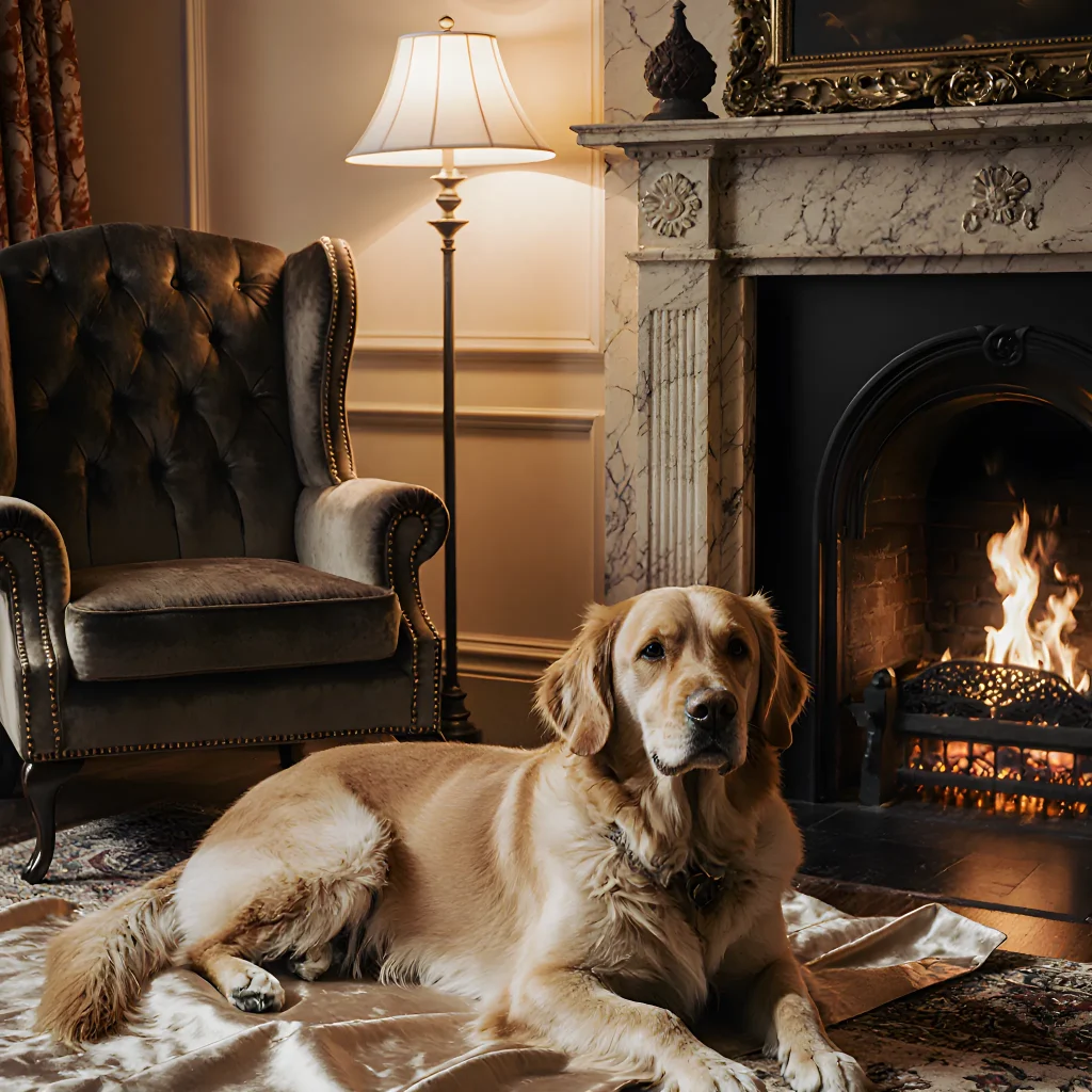 An elegant boutique inn lobby with cozy seating, pet beds, and a friendly dog enjoying the welcome area