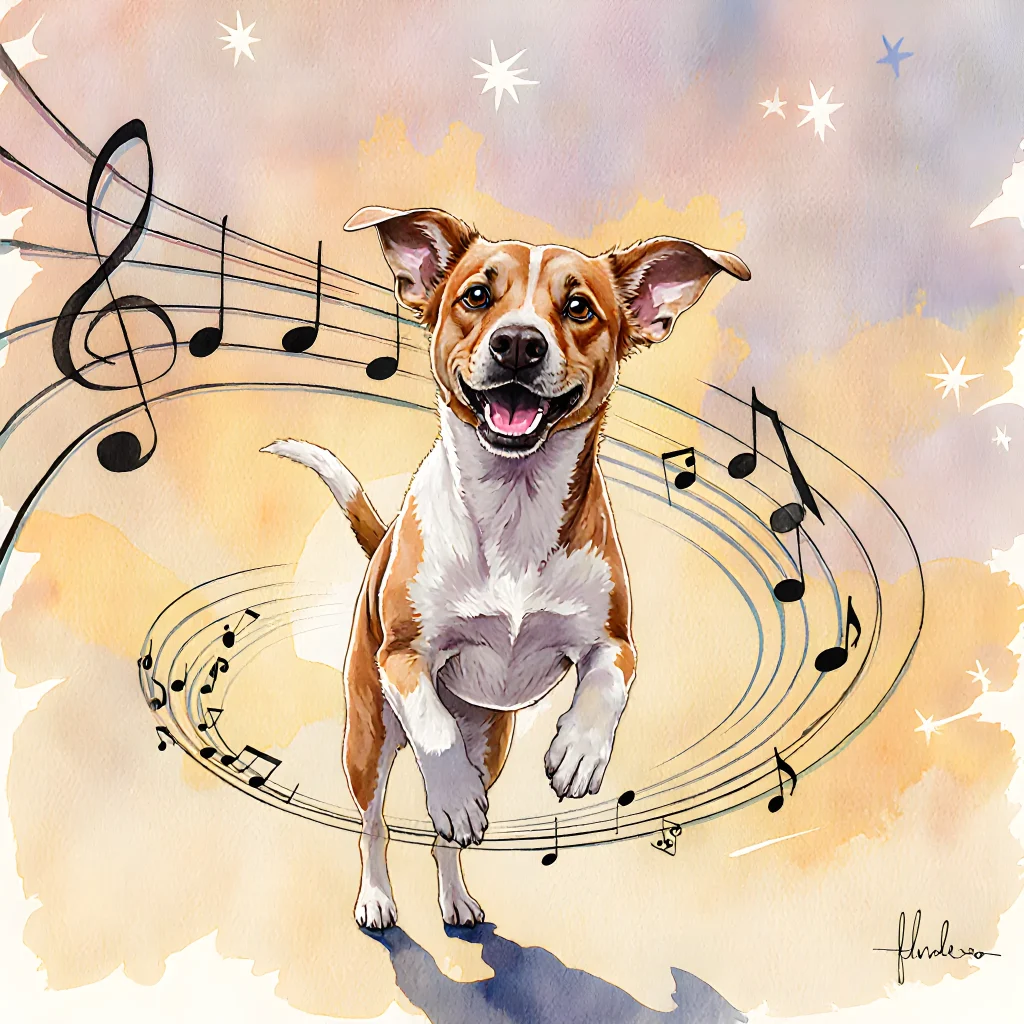 Illustration of a sleeping dog with subtle musical notes floating above its head, symbolizing Tail‑Twitch Tones and dream interpretation
