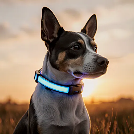 A playful dog wearing a modern smart collar while chasing an interactive high‑tech ball in a sunny park