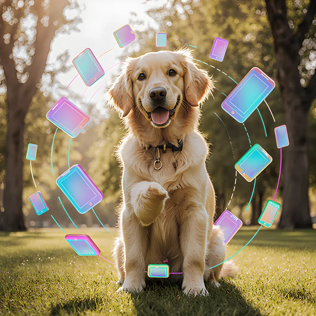 A happy golden retriever puppy joyfully playing with a bright, interactive toy gadget on a sunny backyard