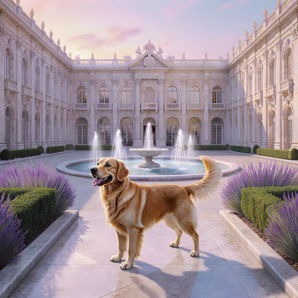 A luxurious palace courtyard featuring a relaxed dog lounging beside ornate stone fountains, showcasing pet-friendly luxury