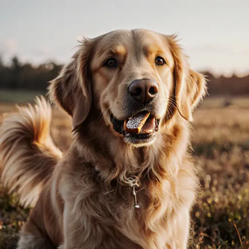 A happy golden retriever with a shiny coat sitting beside a bowl of colorful dog treats, showcasing a healthy, luxurious look