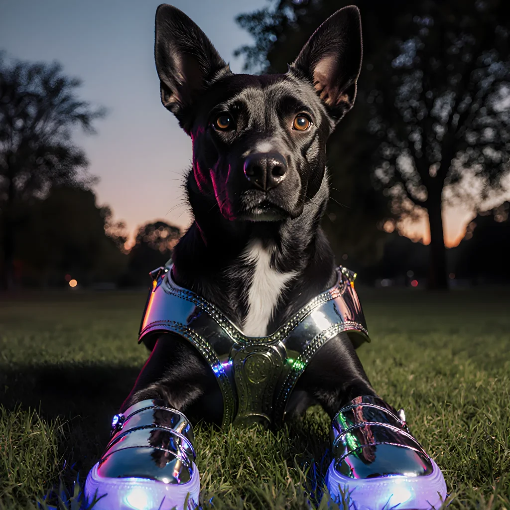 A close‑up of a sturdy dog shoe armor on a puppy’s paw, showcasing protective design and comfortable fit