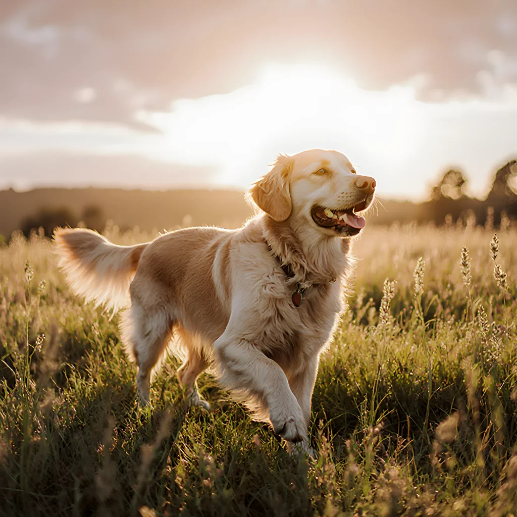 Illustration of several happy dogs with wagging tails in front of a sunrise backdrop, symbolizing new beginnings