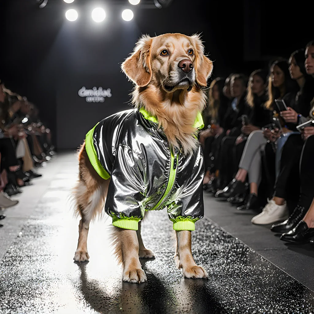 A fashionable dog wearing a trendy collar and a lightweight jacket in a sunny park