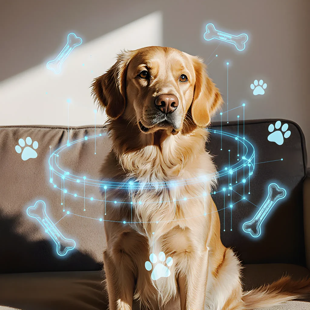 A smiling dog in a park receiving personalized coaching from a laptop screen displaying AI-generated training suggestions