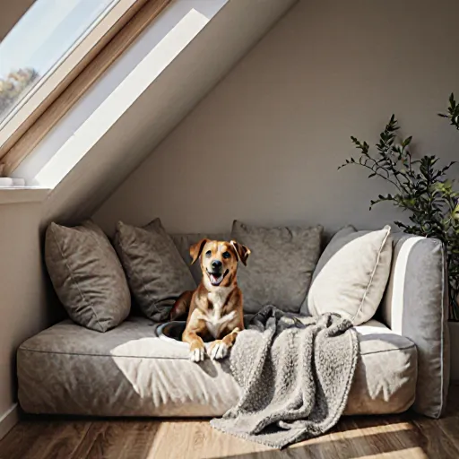 A well-designed dog niche with soft bedding, secure walls, and natural light, illustrating a cozy pet sanctuary.