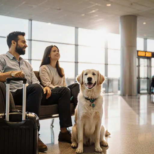 Man and dog sitting comfortably in airplane, smiling