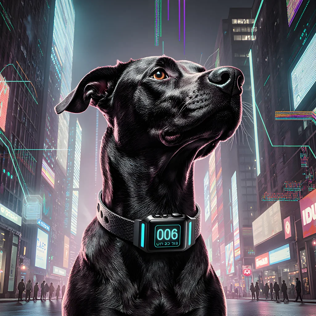 A stylish dog wearing a smart collar with a glowing LED display, showcasing the latest wearable technology for pets