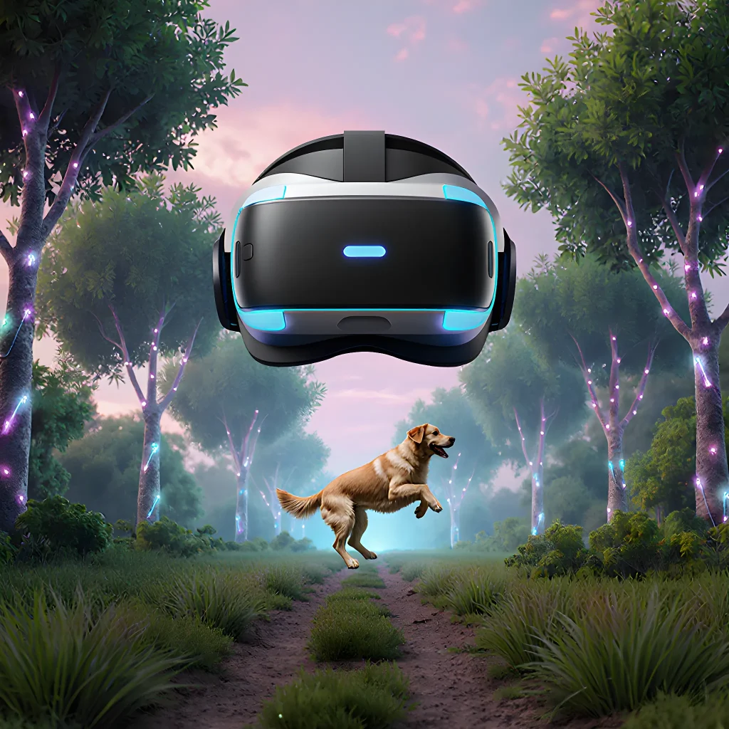 A happy dog wearing a virtual reality headset, standing on a scenic mountain trail with clouds overhead