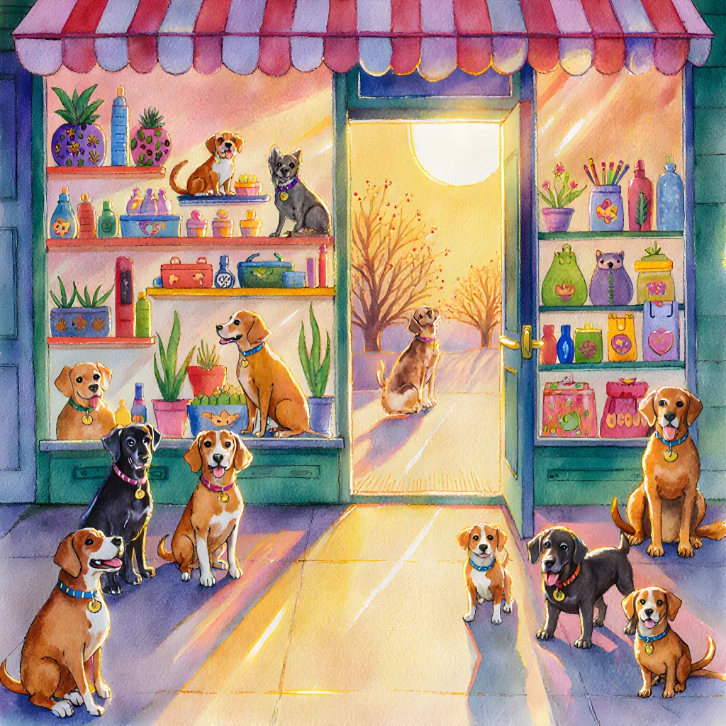 A happy dog standing beside a shop sign that reads "Eco-Pet Store" with vibrant greenery surrounding the storefront.
