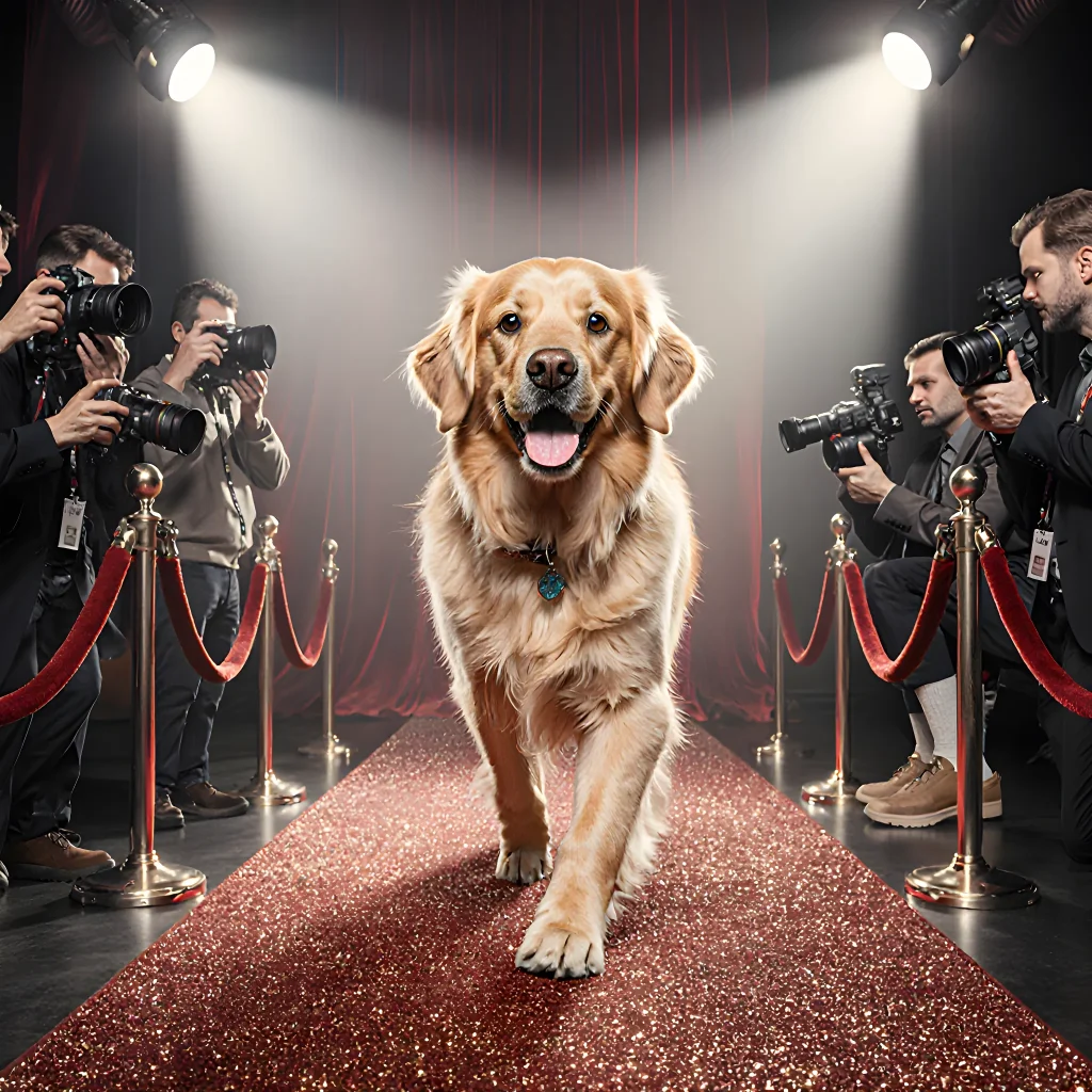 A confident dog performing a trick on stage with bright lights, surrounded by cheering audience members