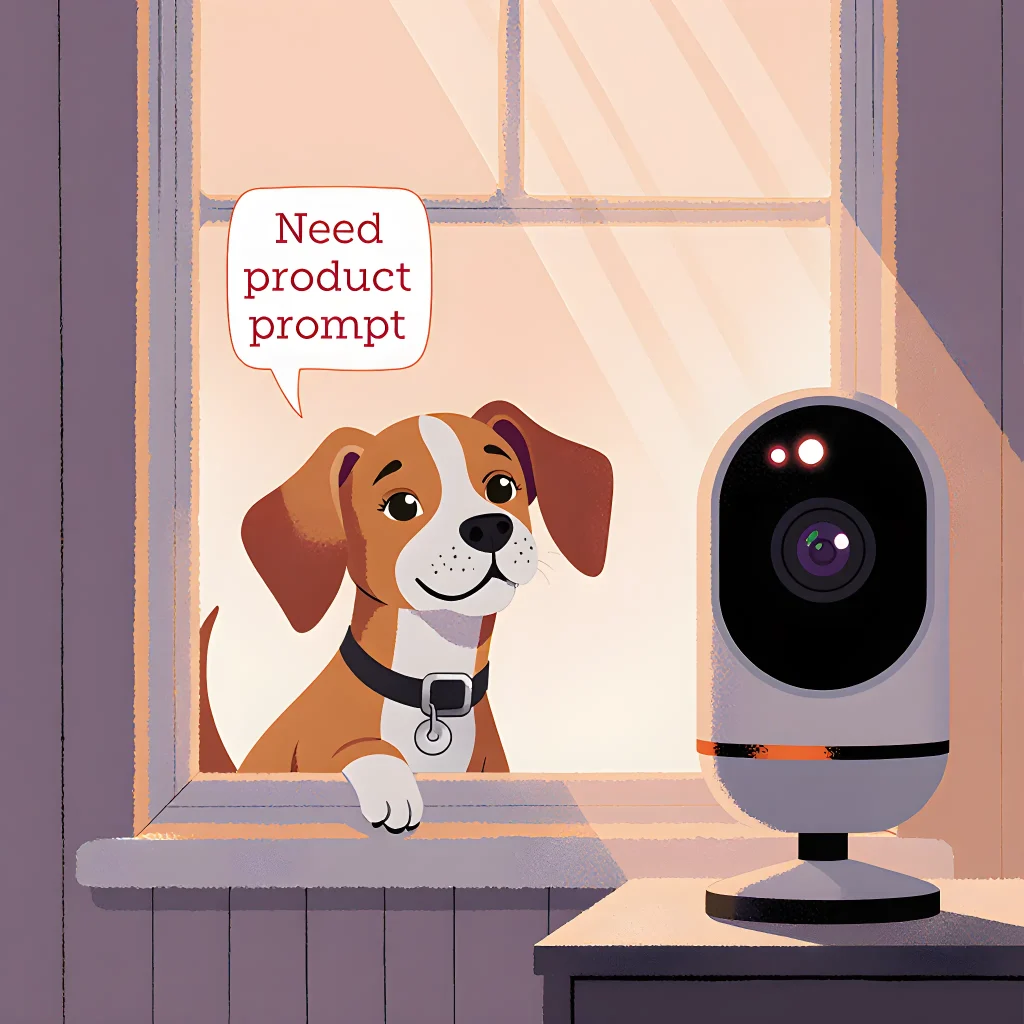 A sleek smart camera with a built‑in treat dispenser, mounted on a balcony overlooking a calm backyard where a happy dog watches its owner through a laptop screen.