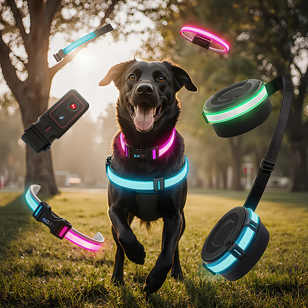 A modern dog wearing a sleek smart collar with a GPS tracker icon displayed on a tablet screen