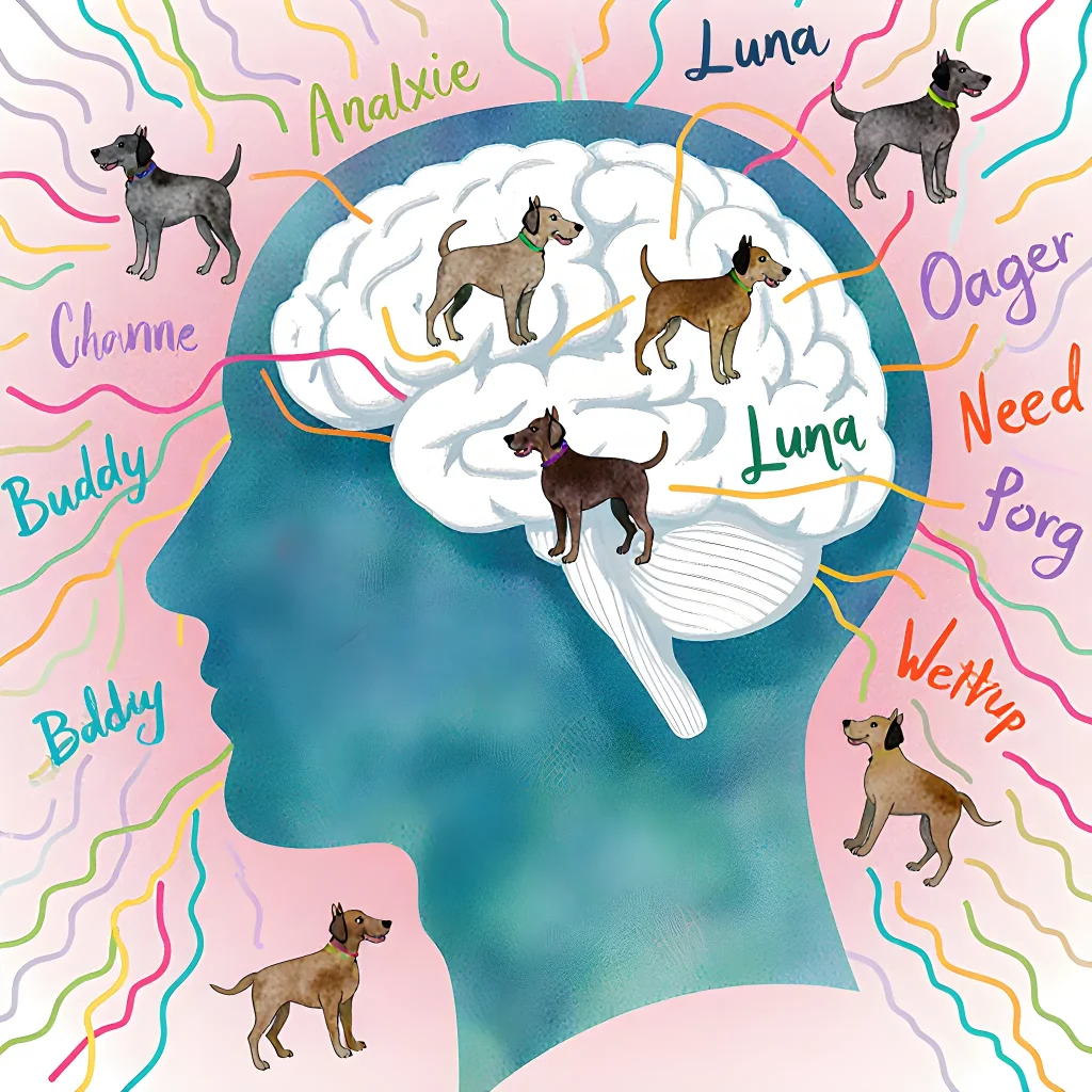 Illustration of a human brain shaped like a dog’s silhouette, with colorful dog names orbiting around it
