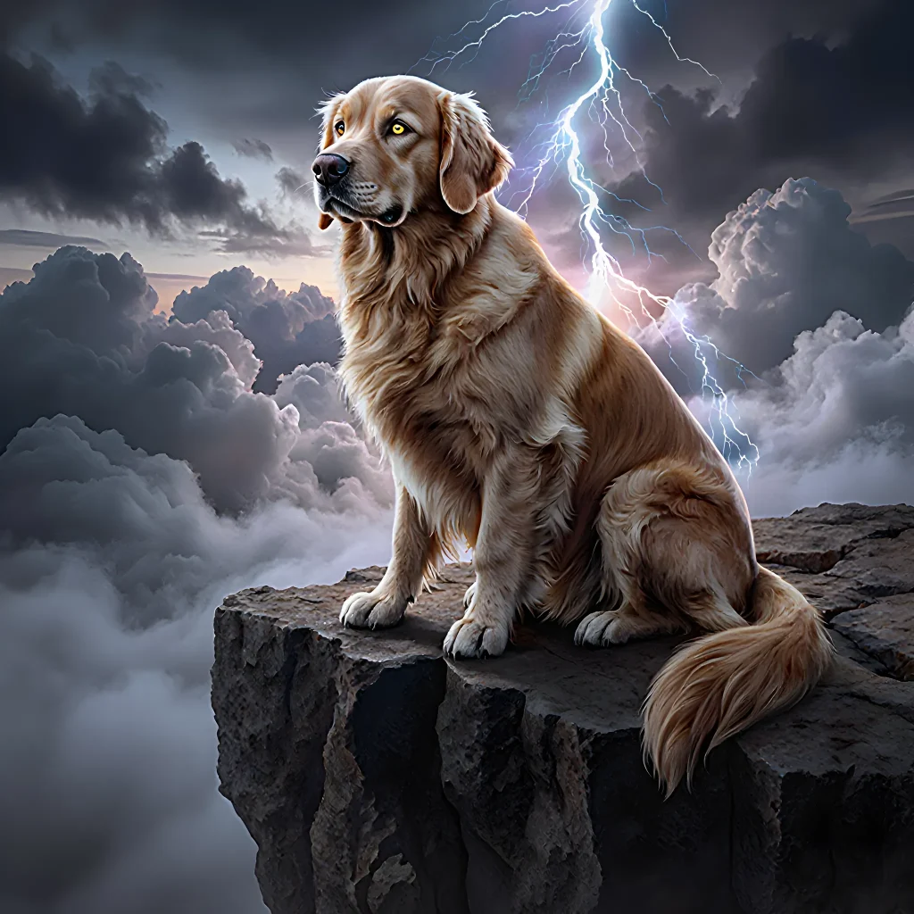 A curious golden retriever standing on a rocky hillside with its ears perked, looking alert as seismic waves ripple through the earth