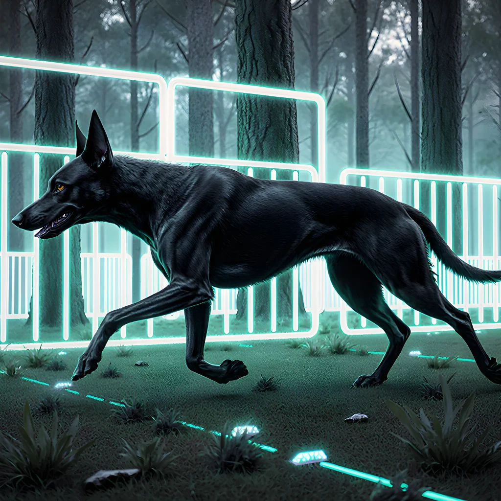 Illustration of a dog in a home environment surrounded by glowing digital lines representing a virtual boundary system