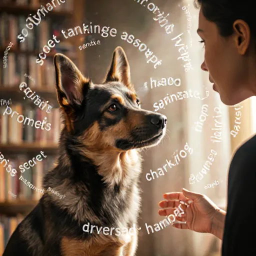 Illustration of a dog listening attentively to a human speaking, highlighting the bond between language and animal perception