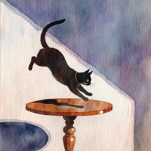 A playful cat tipping a dining table with its paw, creating a joyful scene.