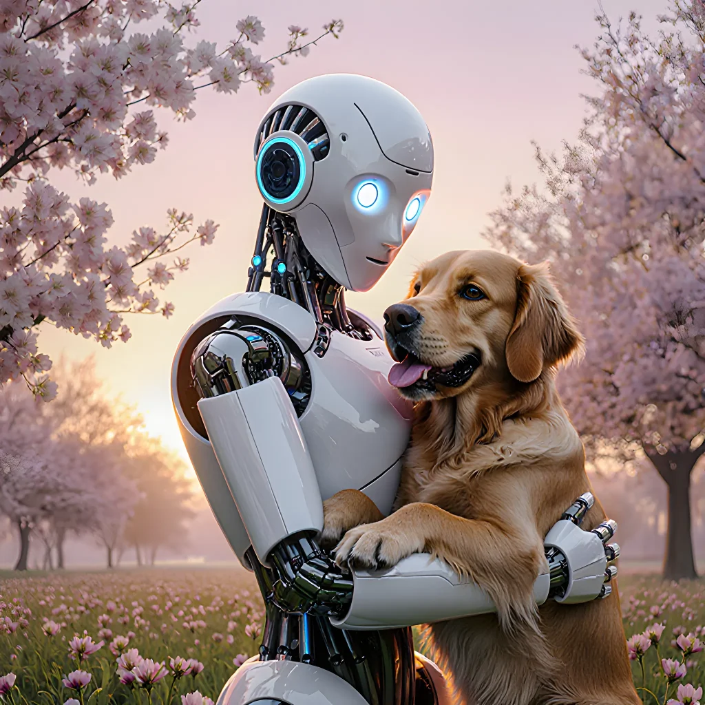 A friendly robot companion assisting a dog during a grooming session, illustrating the blend of love and logic in modern pet care