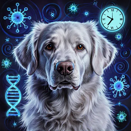 A golden retriever puppy beside an older dog, illustrating the concept of rapid aging in dogs