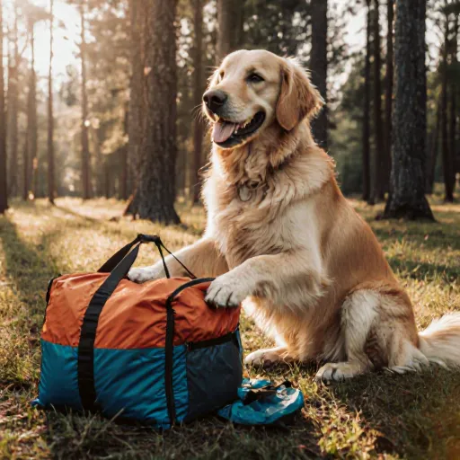 Illustration of various dog camping gear including sleeping bags, leashes, and backpacks