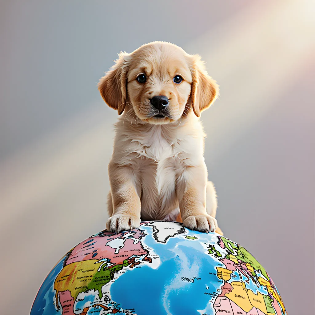 A smiling child holding a rescued puppy beside a globe, symbolizing global adoptions and love for pets