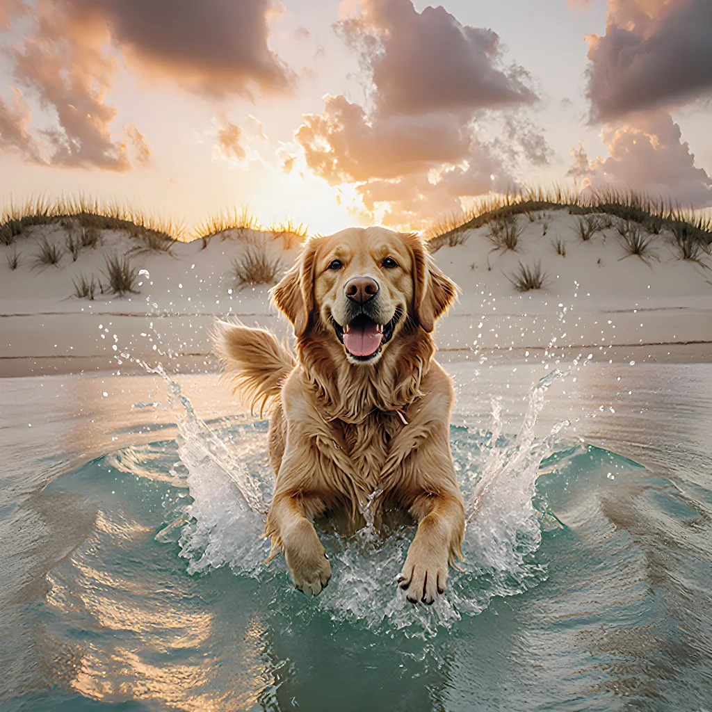 A scenic view of a sandy beach with waves, a dog running along the shoreline, and people enjoying sunbathing.