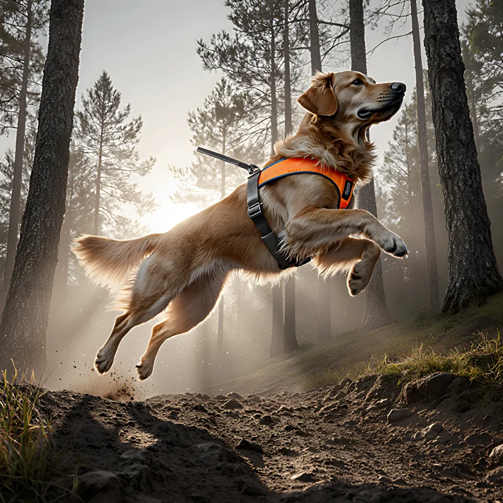 A stylish dog wearing a high‑performance harness while running on a rugged trail with lush green trees in the background