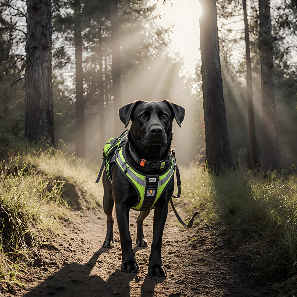 A rugged hiking trail with a well‑groomed dog wearing a durable collar, harness, and carrying a water bottle, showcasing outdoor pet gear