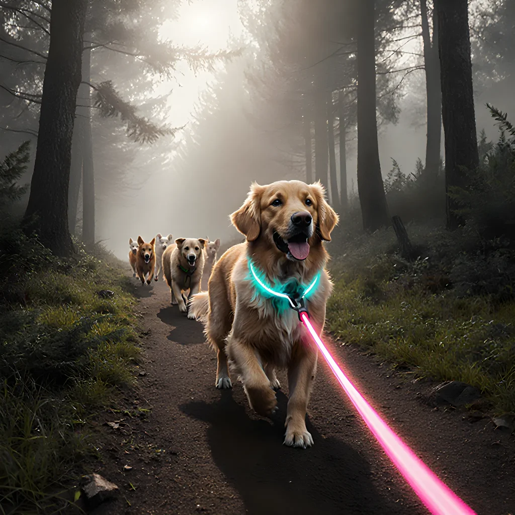 A confident dog walking confidently along a forest trail with a secure leash, symbolizing safety and adventure