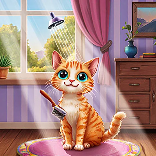 Cat lying on a cushion with toys scattered around, ready for play