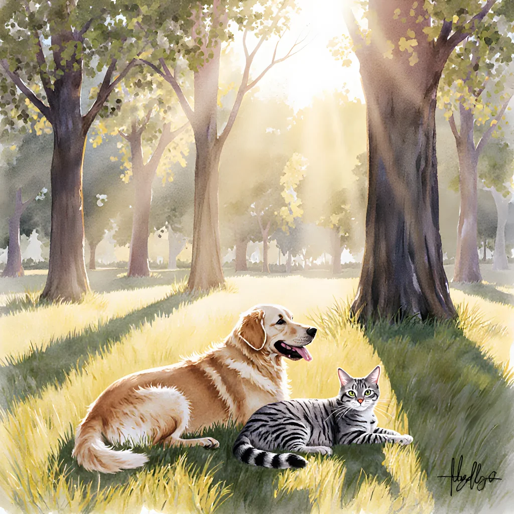 A calm, happy dog walking beside its owner in a serene park setting