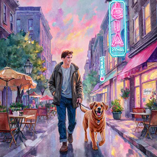 A cheerful woman walking her golden retriever along a vibrant city sidewalk lined with cafés and pet-friendly signs.