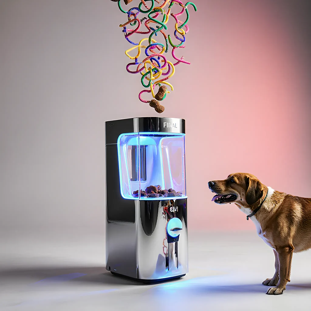 A playful dog eagerly retrieving a colorful, puzzle-style toy from a sleek dispenser labeled 'Trim Tails Treasures' in a bright living room setting.