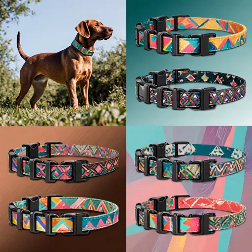 Close-up photo of stylish, unique collars on different dog breeds.